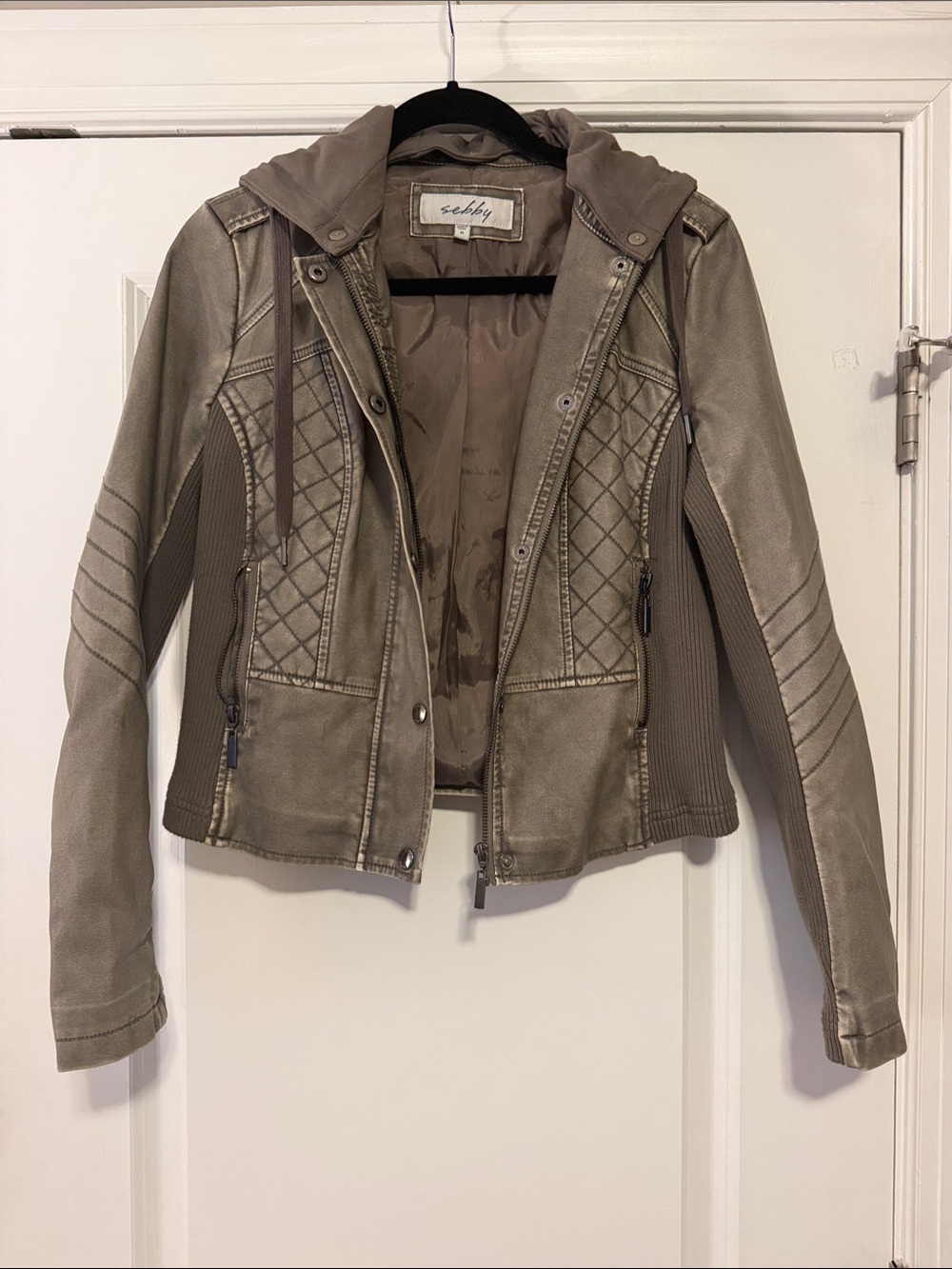 Sebby Olive Quilted Hooded Moto Jacket - Women